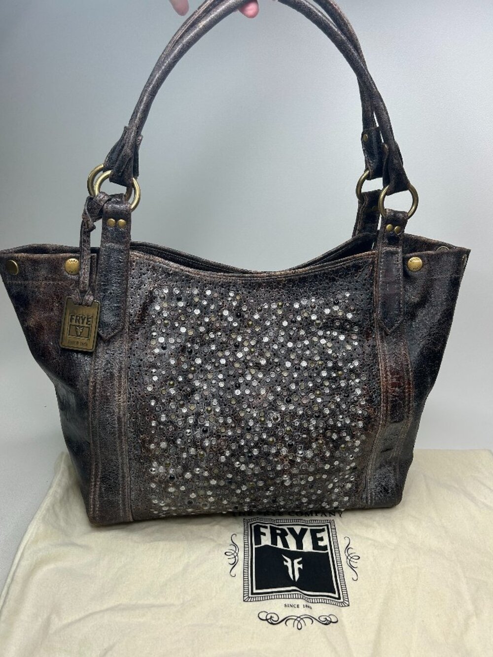 NWOT Frye DEBORAH Chocolate Brown Leather Studded Shoulder Satchel Tote Handbag